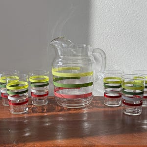 Vintage 60’s or 70’s Striped Pitcher and Glassware Set of 7 Juice Glasses with Colored Stripes