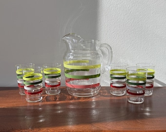 Vintage 60’s or 70’s Striped Pitcher and Glassware Set of 7 Juice Glasses with Colored Stripes