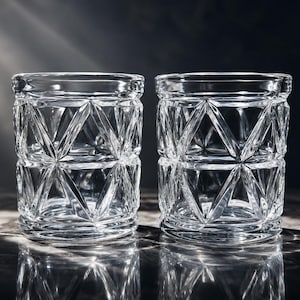 May include: Two clear, faceted crystal tumblers. Each glass features a geometric design of interlocking triangles. The glasses are displayed on a reflective surface, with light shining from above, creating a dramatic effect. Ideal for serving beverages.