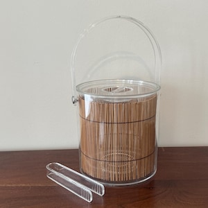 Vintage Bamboo & Acrylic Mid Century Modern Clear Ice Bucket and Tongs Tiki Bar Outdoors Party Cocktails