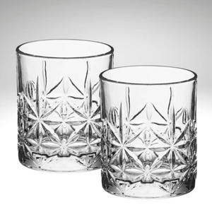 Vintage Style Starburst Faceted Set of 2 Double Rocks Old Fashioned Lowball 11 oz Whiskey Cocktail Bar Glasses Mid Century Modern Man Cave