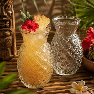 Vintage Style Set of 2 Large Craft Cocktail Tiki 20 oz Tropical Textured PINEAPPLE Glass Drink Bar Summer Glasses Fruity Mai Tai Rum Punch