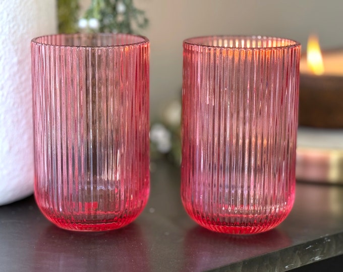 Vintage Style Fun Textured PINK Ridges Set of 2 Cooler Glasses 14.5 Oz Tall Mixed Drink Cocktail