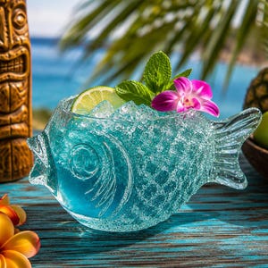 Detailed Tropical Tiki FISH Glass Craft Cocktail 12 oz Drink Bar Summer Glasses Fruity Mai Tai Rum Punch Bowl Fun & Unique Barware - New