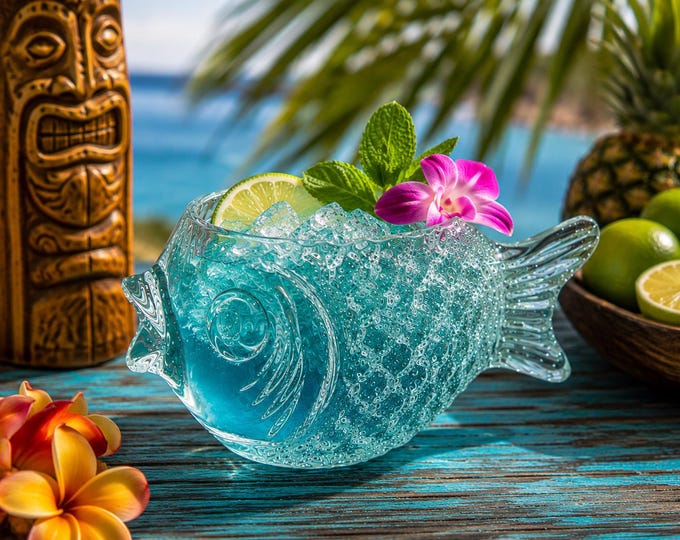 Detailed Tropical Tiki FISH Glass Craft Cocktail 12 oz Drink Bar Summer Glasses Fruity Mai Tai Rum Punch Bowl Fun & Unique Barware - New