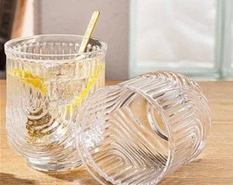 Vintage Style Sweeping Arch Design - Set 2 - Ripple Double Rocks Old Fashioned Lowball 14 oz - Whiskey Cocktail Bar Glasses - MCM