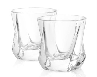 Vintage Style Heavy Warped Twist Cut Crystal Design Set of 2 Double Rocks Old Fashioned Lowball 8 oz Whiskey Cocktail Bar Glasses Fun