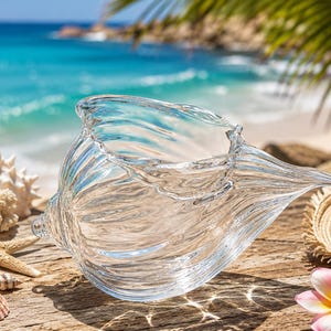May include: A clear glass decorative bowl shaped like a conch shell with a smooth, translucent surface and ribbed texture. The object features a wide, open top and a tapered end, reflecting light through its transparent material in a coastal setting.