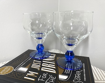 Vintage Clear Bowl Blue Stem Italian Glass Set of 2 Mod Dessert or Craft Cocktail Goblets Italy 5.5" Rocco Minorca Glasses Colored Barware