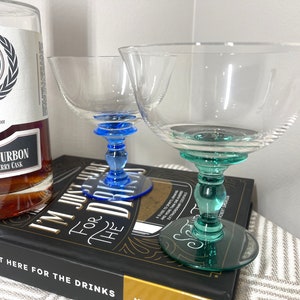 Vintage Colorful Blue & Teal Green Colored Stem Set of 2 Coupe Champagne Dessert Glasses Craft Cocktail Aqua Color Retro Unique Mid Century