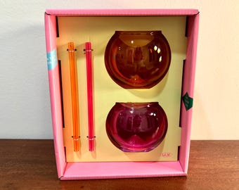 Best Friends Orange & Pink Glass Fish Bowl Tiki Drinking Cups Glasses with Straws Round Set of 2 Girly Cocktail Glassware Bachelorette Party