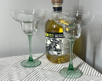 Gorgeous Glass Two Fingers Tequila Brand Mexican Margarita Set 2 Glasses Craft Cocktail Textured Glass Green Stem Paloma Sunrise Salty Dog