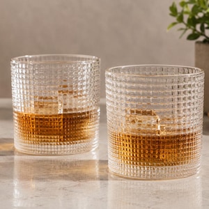 Vintage Style Bumpy Squares Texture Set of 2 Rocks Double Old Fashioned 13.5 oz Whiskey Cocktail Bar Glasses