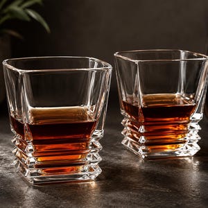 2 Vintage Style Stacked Ribbed Ridge Pattern Rocks Set of 2 Old Fashioned Lowball 9 oz Whiskey Cocktail Bar Glasses Mid Century Modern