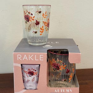 May include: Two clear glass tumblers with vertical ridges, decorated with floral and leaf patterns in shades of burgundy, orange, and brown. The glasses are displayed on a box with the word "RAKLE" and the word "AUTUMN" printed on it.