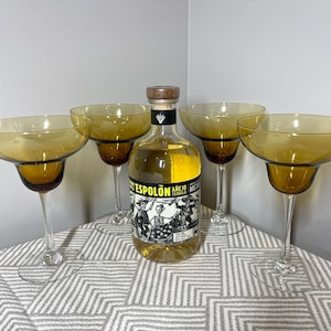 Gorgeous Hand Blown Amber Colored Glass Mexican Margarita Set of 4 Glasses Tequila Craft Cocktail Glasses Thick & Heavy Yellow Gold