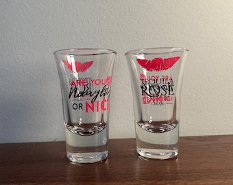 Tequila Rose Strawberry Cream Pink Logo, vasos de chupito, juego de 2 vasos, ¿Eres travieso o tienes buenos labios?