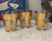 Beautiful Vintage CULVER 22k Gold Fruit Set of 3 Rare Shot Glasses Liquor Whiskey Vodka Shooters Shiny Metallic Golden