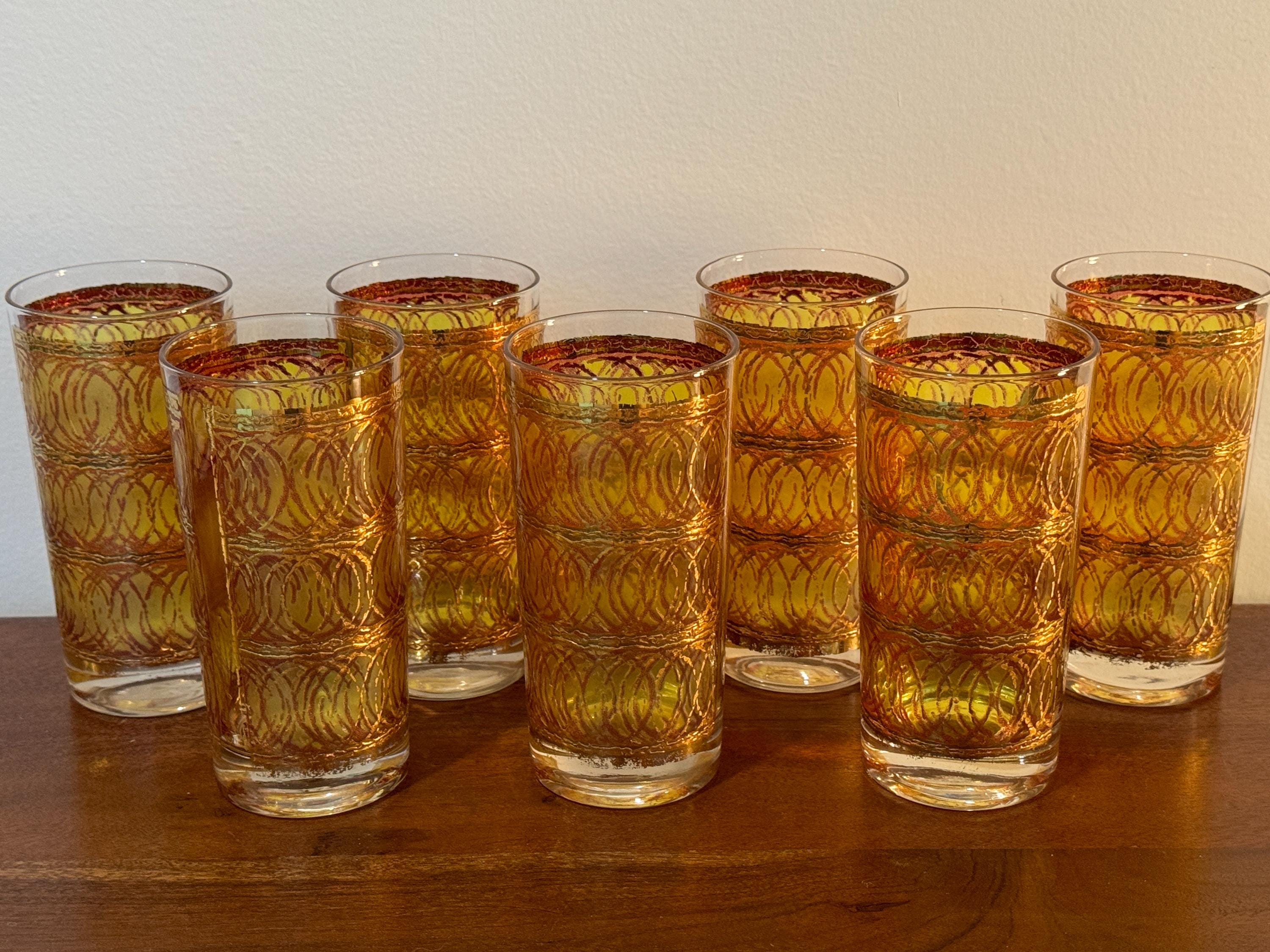 Vintage Set of 7 Georges BRIARD Glass Cocktail Glasses, Mid Century Modern Gold Circle Tall Abstract Highball Set MCM