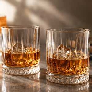 Vintage Style Faceted Heavy Minimalist Set of 2 Rocks Old Fashioned Lowball 7 oz Whiskey Cocktail Bar Glasses Mid Century Modern