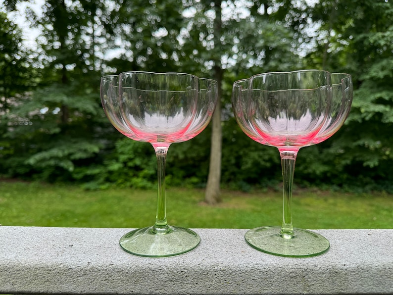 May include: Two clear glass stemmed drinking glasses with a pink rim and a green stem. The glasses have a scalloped edge.
