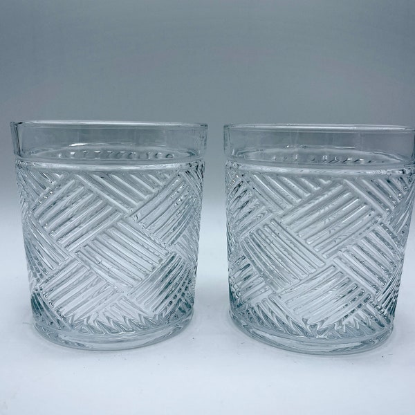 Vintage Style Crisscross Set of 2 Double Rocks Old Fashioned Lowball 11 oz Whiskey Craft Cocktail Bar Glasses Mid Century Modern Man Cave