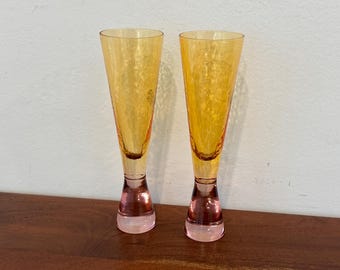 Set of 2 Textured Glass Anthropologie Champagne Flutes Cocktail Glasses Pink & Amber Fluted Art Glass