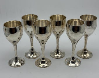 Vintage Silver Metal Wine Goblets, Set of 6, Small Stemmed Cocktail Cups Cups