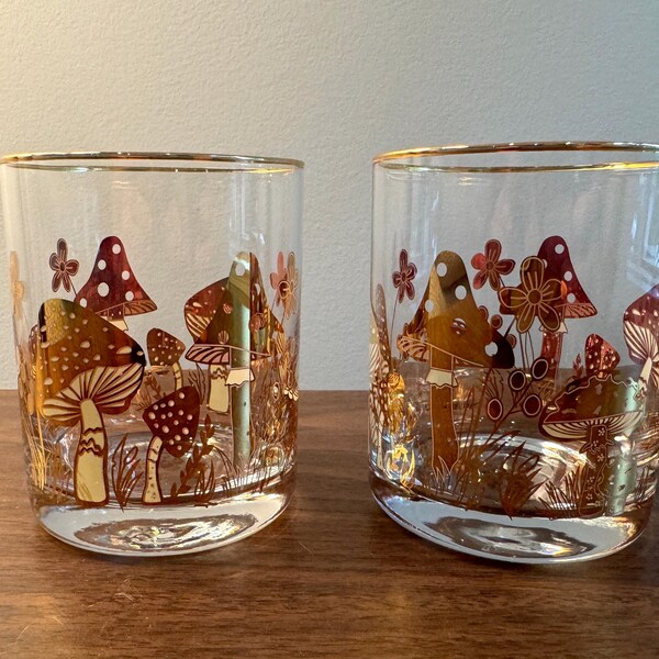 Vintage MCM Style Gold Boho Mushroom Set of 2 Rocks Double Old Fashioned Whiskey Cocktail Bar Glasses Tumblers