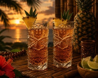 Vintage Style Set of TWO Tall Angry Tiki Man 14 oz HEAVY Tropical Glass Craft Cocktail Drink Bar Summer Glasses Mai Tai Mojito Rum Punch New