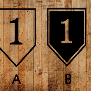 May include: Two black and white images of a shield with the number "1" inside. The shield on the left is on a wood background and the shield on the right is on a black background. The shield on the left is labeled "A" and the shield on the right is labeled "B".