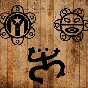 May include: Black and white illustrations of three Puerto Rican symbols: a stylized sun with a face, a stylized frog, and a circular symbol with the Puerto Rican flag inside.