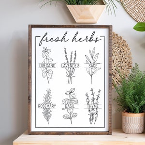Op de afbeelding: Een ingelijst print met de tekst "fresh herbs" en illustraties van zes verschillende kruiden: oregano, lavendel, salie, rozemarijn, basilicum en tijm. De print wordt getoond op een plank met potplanten en decoratieve items.