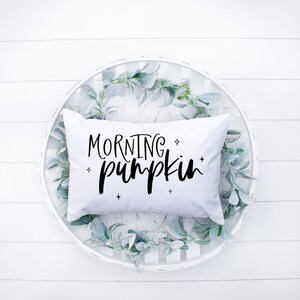 May include: White pillow with black text that reads "Morning Pumpkin" in a decorative font. The pillow is sitting in a white round basket with green leaves.