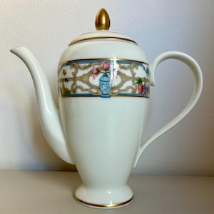 Jardiniere pattern coffee pot by Gorham china multicolor flower, scroll, and fruit band accented by gold trim
