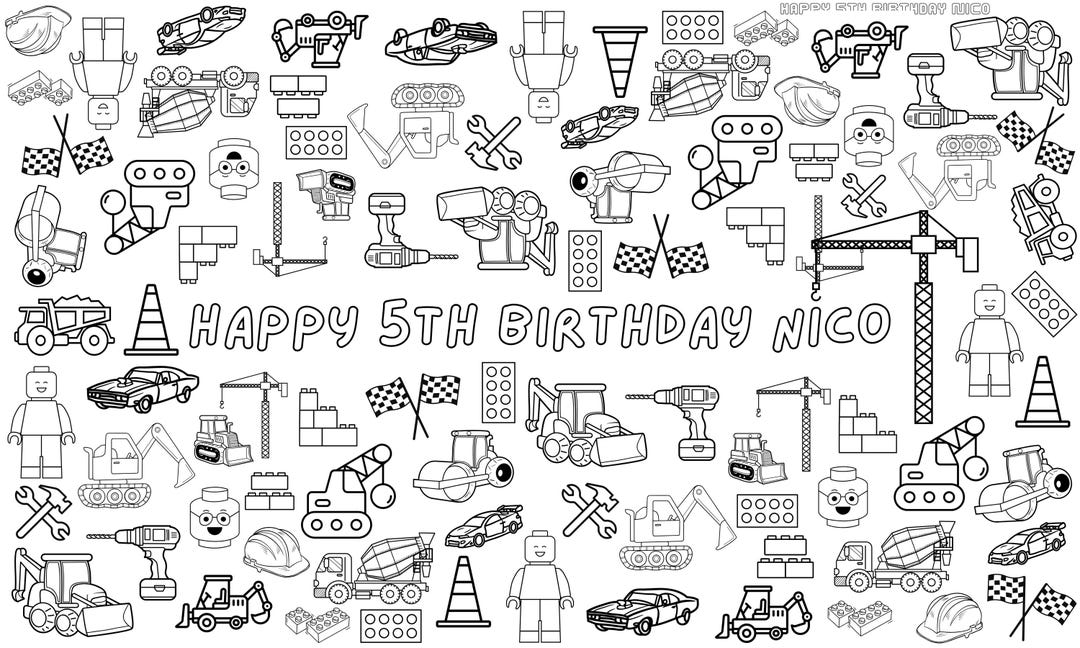 Custom Coloring Birthday Party Paper Tablecloth Construction Race Car ...
