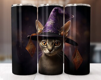 Abyssinian Cat Witch Halloween Tumbler Wrap, 20 oz Skinny Tumbler Sublimation Designs - Tumbler PNG, Instant Digital Download