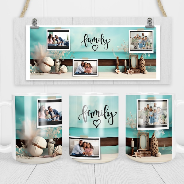 Family Photos On Photo Collage Frame Mug Sublimation Designs for 11oz and 15oz Mug Wrap Design - PNG | Instant Digital Download