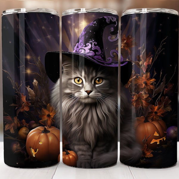 Norwegian Forest Cat Witch Halloween Tumbler Wrap, 20 oz Skinny Tumbler Sublimation Designs - Tumbler PNG, Instant Digital Download