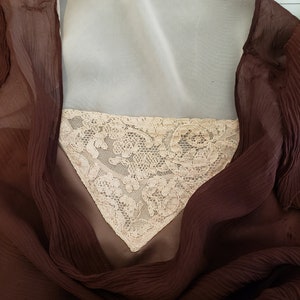 size XS, 1930&#39;s silk crinkle chiffon, fit and flare dress, Chestnut brown. Flutter sleeve, cowl neck day dress, Brought back to life.