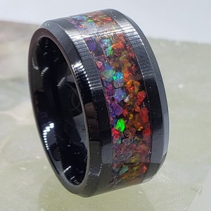 Size 7 Handmade Black Ceramic Ring Inlaid with Bello Opal