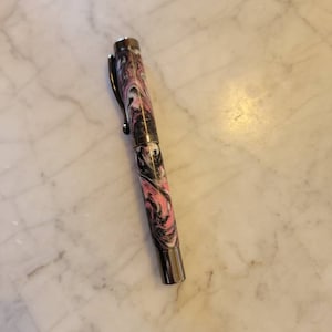 Marble Pink, Black, and White Hydro Dip Pattern Resin Fountain and Rollerball Pen #5 Fine Nib