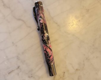 Marble Pink, Black, and White Hydro Dip Pattern Resin Fountain and Rollerball Pen #5 Fine Nib