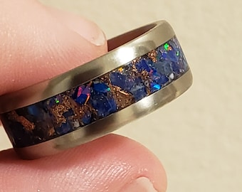 MADE TO ORDER Ravenclaw Inspired Handmade Ring in Stainless Steel/Silver/etc Inlaid w Lapis Lazuli, Copper Shavings, Apatite, and Bello Opal