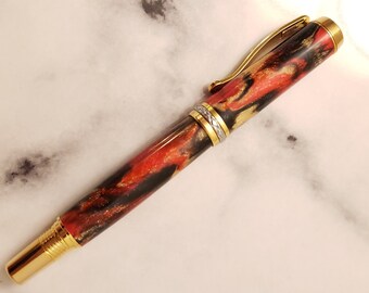 Red, Gold, and Black "Red Dragon" DiamondCast Fountain and Rollerball Pen real CRUETLY FREE DIAMONDS F nib