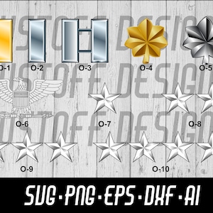 May include: A chart of military officer ranks, showing different insignia for ranks O-1 through O-10. The chart includes gold bars, silver bars, oak leaves, and stars.