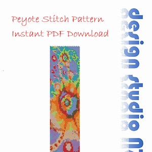 May include: A colourful peyote stitch pattern for beading, featuring a swirling design with orange, yellow, blue, green, and red beads. The pattern is available as an instant PDF download. The text "Peyote Stitch Pattern Instant PDF Download" is at the top of the image.