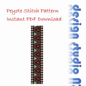 May include: A peyote stitch pattern for a beaded bracelet with a geometric design featuring black, red, green, and white beads. The pattern is available as an instant PDF download. The text "Peyote Stitch Pattern Instant PDF Download" is at the top of the image.