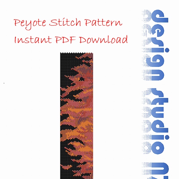 Flames Peyote Bead Pattern, Bracelet Bangle Cuff Bookmark,  Beading Pattern, Miyuki Delica Tube Beads, PDF Instant Download