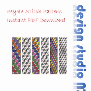 May include: Six different peyote stitch beading patterns for bracelets. Each pattern features a geometric design with a variety of colors, including black, white, red, orange, yellow, green, blue, and purple. The text "Peyote Stitch Pattern Instant PDF Download" is at the top of the image.